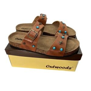 Outwoods Bork-105 Womens Cognac Studded Turquoise Slide Sandals Size 11 NEW